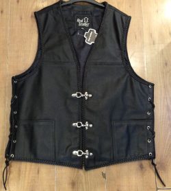 Leather waistcoat with brace buckle.