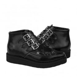 T.U.K. SHOES BLACK LEATHER 3 BUCKLE UP POINTED CREEPER BOOT