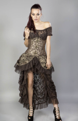 burlesque candy c-lock under bust in brown and gold corset.